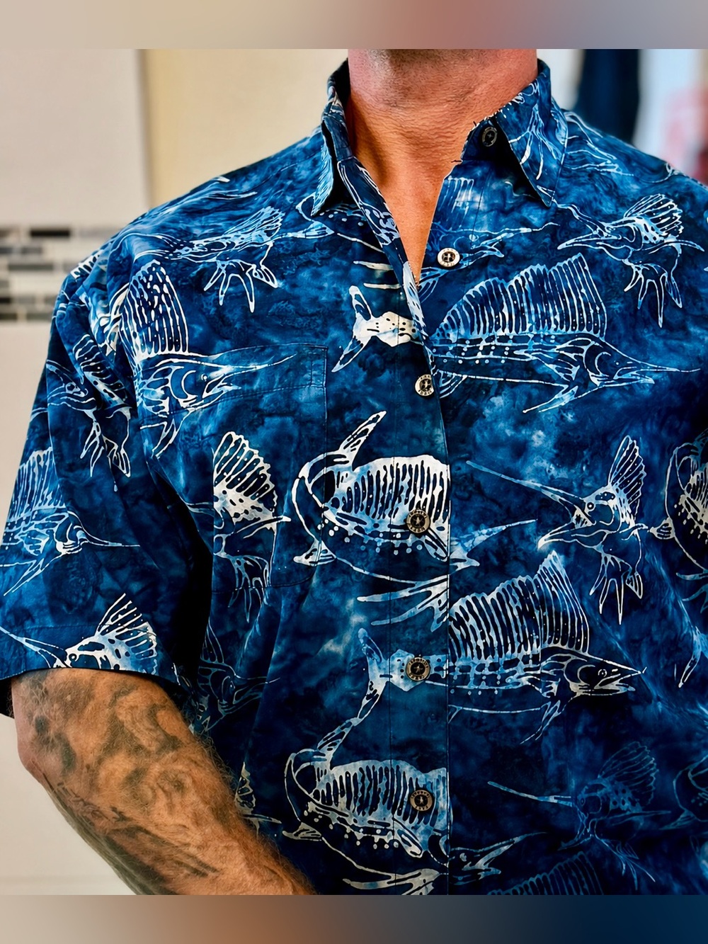 Johari West Blue Sailfish Hawaiian Shirt L 100% Cotton Coastal Fishing Camp